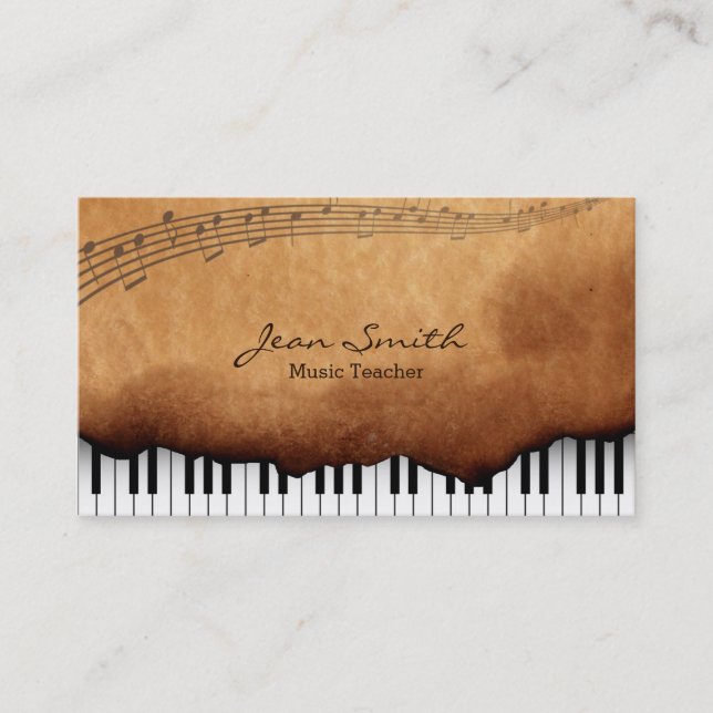 Old Burned Paper Music Teacher Business Card (Front)