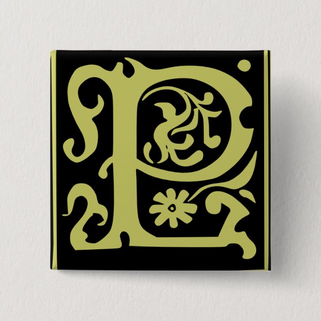 Old Calligraphy Letter P Square Button Pin (Front)