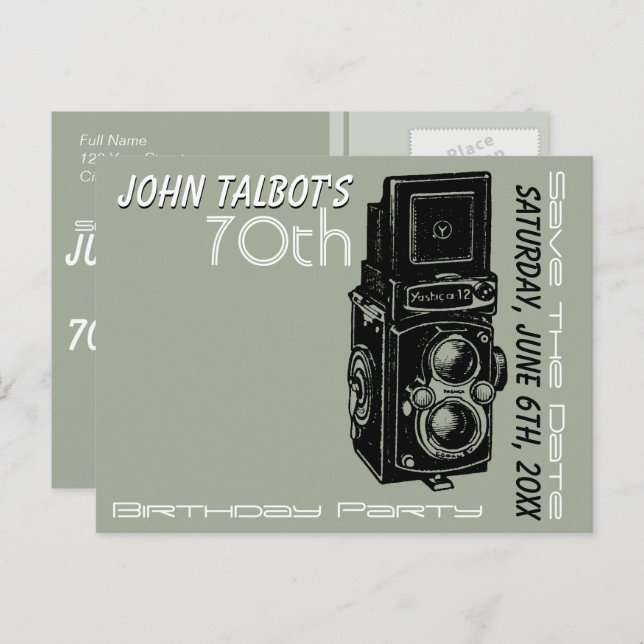 Old Camera 70th birthday Party Save the Date 1 Announcement Postcard (Front/Back)