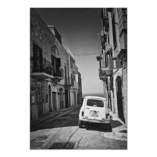 Old car in a street in Italy with sea Photo Print (Front)