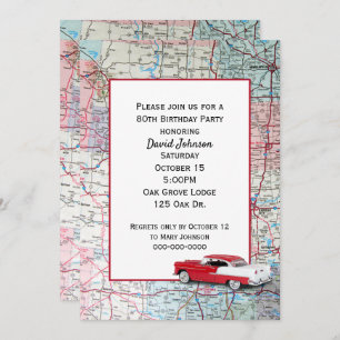 Old Car on Map for 80th Birthday Invitation