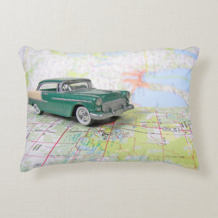 old car on road map decorative cushion