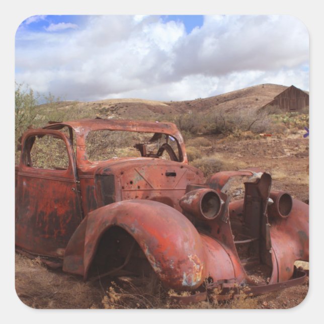 Old Car Rusting In Desert Landscape Square Sticker (Front)