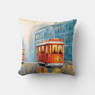 Old City Tram Oil Painting Cushion