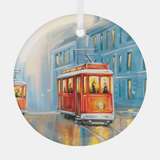 Old City Tram Oil Painting Glass Tree Decoration