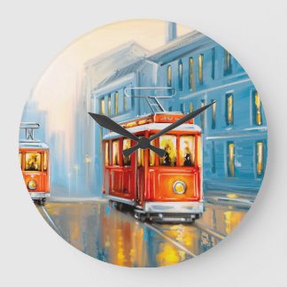 Old City Tram Oil Painting Large Clock