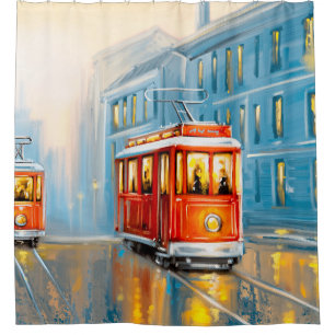 Old City Tram Oil Painting Shower Curtain