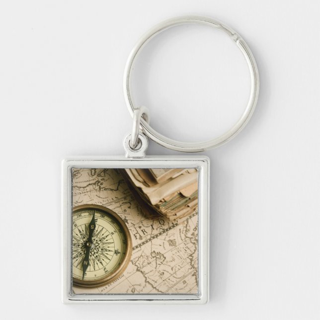 Old Compass Over Ancient Map Key Ring (Front)