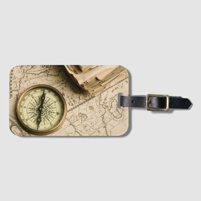 Old Compass Over Ancient Map Luggage Tag (Front Horizontal)