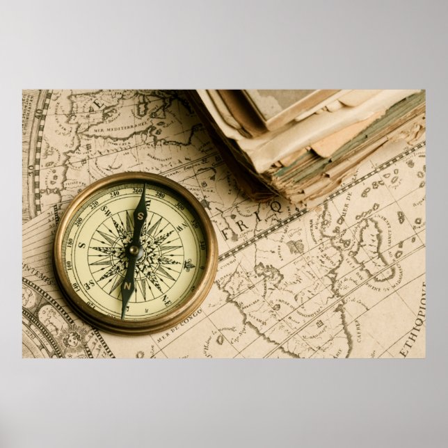 Old Compass Over Ancient Map Poster (Front)