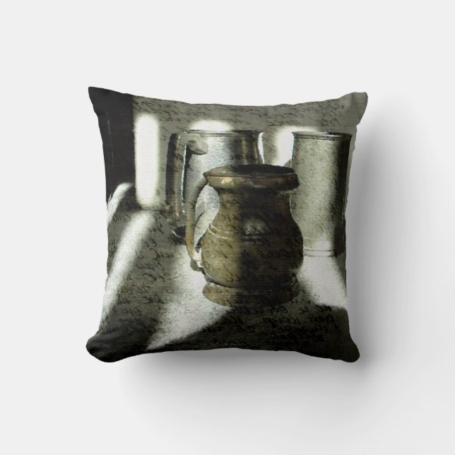 Old Copper and Pewter Mugs by Alexandra Cook Cushion (Front)