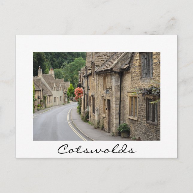 Old cottages in Castle Combe white text postcard (Front)