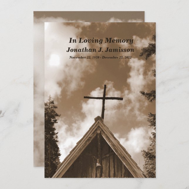 Old Country Church, Sepia Memorial Service Invite (Front/Back)