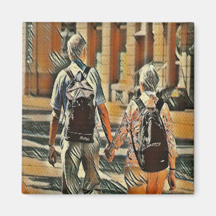 Old couple holding hands magnet