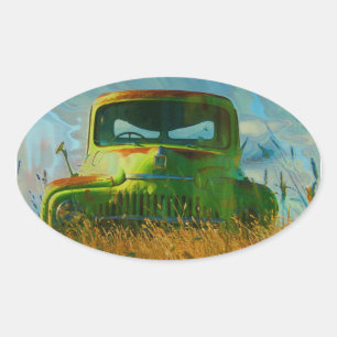 Old Derelict Vintage Truck Art Oval Sticker