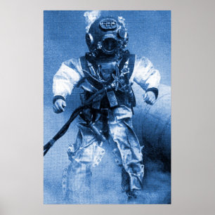 old diver with brass helmet blue color poster