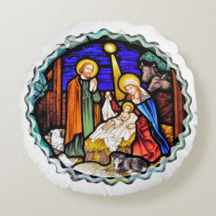 OLD ENGLAND NATIVITY WINDOW ROUND CUSHION