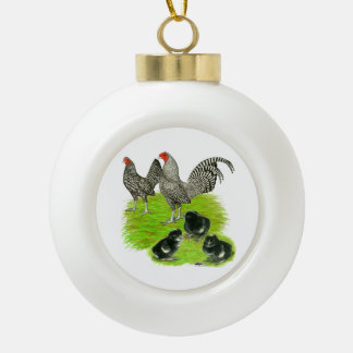 Old English Barred Bantam Family Ceramic Ball Christmas Ornament