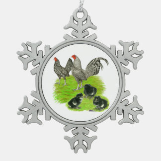 Old English Barred Bantam Family Snowflake Pewter Christmas Ornament