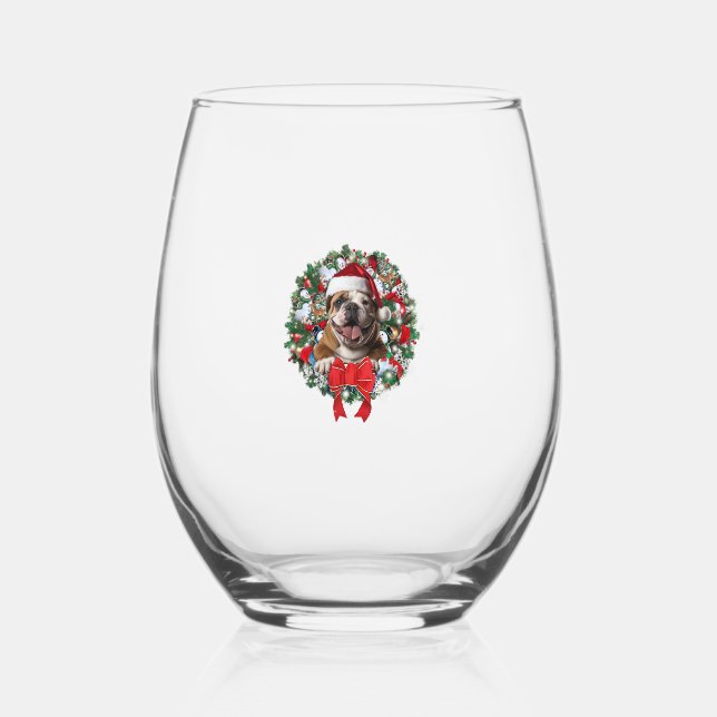 Old English Bulldog Christmas Wreath Decoration Xm Stemless Wine Glass (Front)