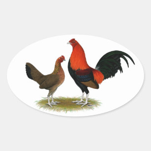Old English Game Bantams:  BB Red Pair Oval Sticker
