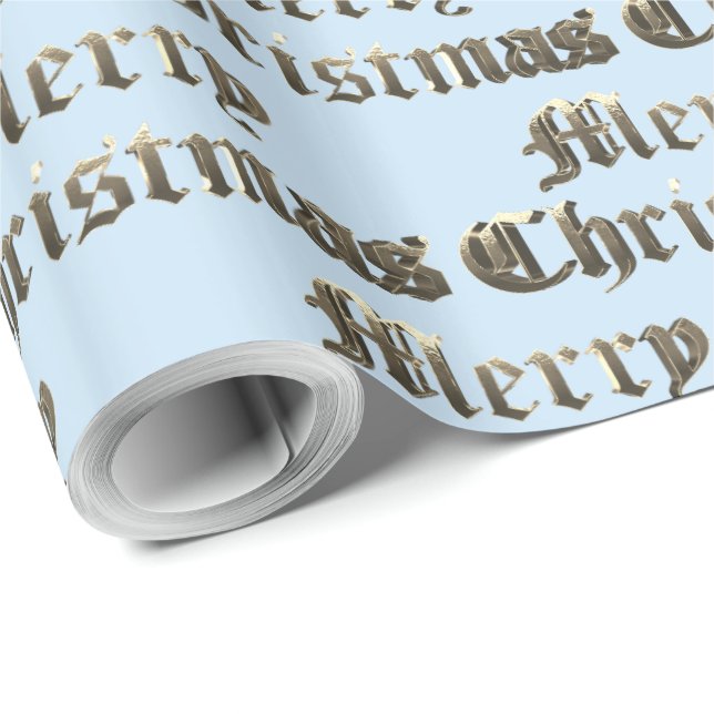 Old English Lettering Gold and Baby Blue Christmas Wrapping Paper (Roll Corner)