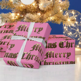 Old English Lettering Gold and Pink Christmas Wrapping Paper