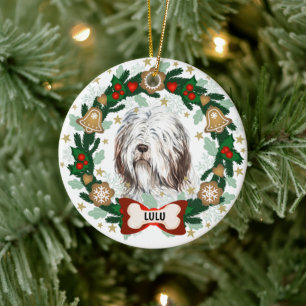 Old English Sheep Dog Christmas Dog Cookie Wreath Ceramic Tree Decoration