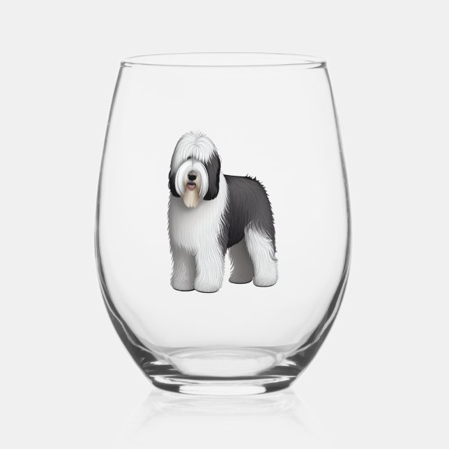 Old English Sheepdog  10 Stemless Wine Glass (Front)