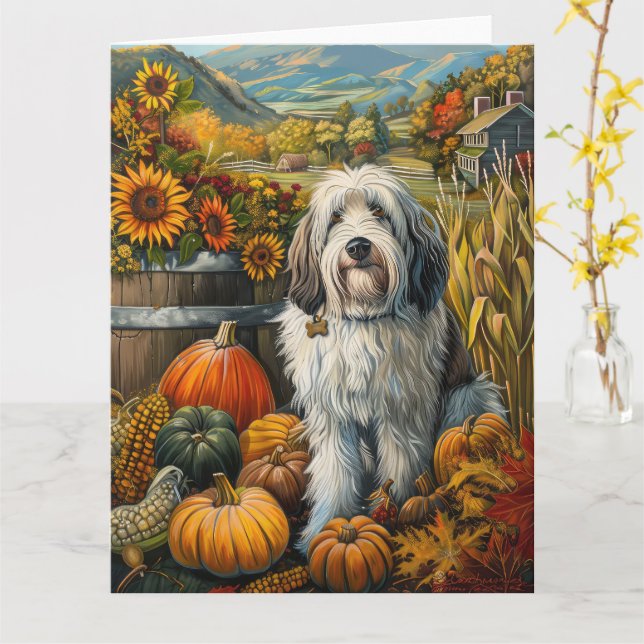 Old English Sheepdog Autumn Harvest Thanksgiving Card (Yellow Flower)