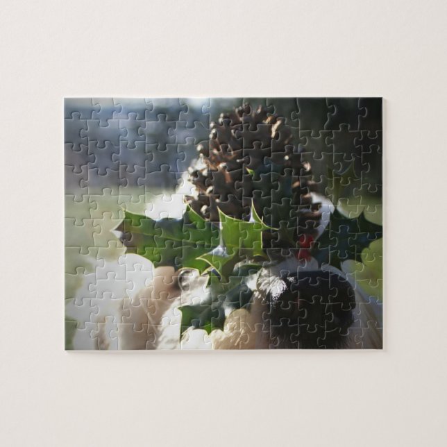 Old English Sheepdog Balancing Holly Jigsaw Puzzle (Horizontal)