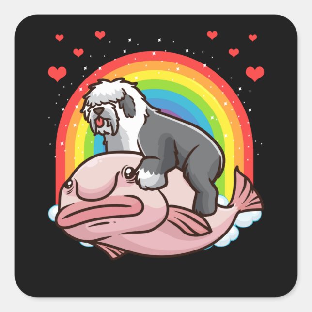 Old English Sheepdog Bobtail Dog with Blobfish Square Sticker (Front)