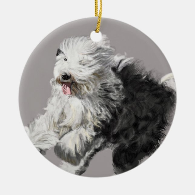 Old English Sheepdog Ceramic Tree Decoration (Front)