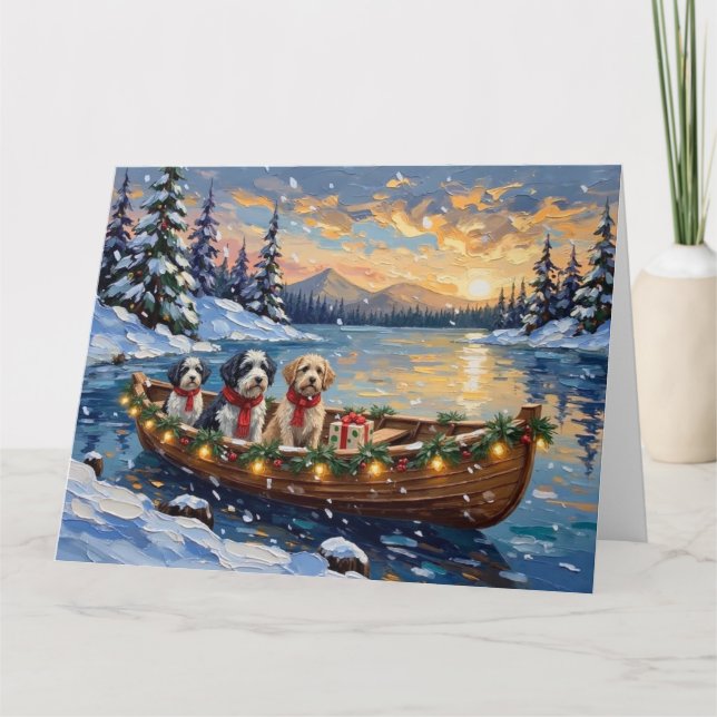 Old English Sheepdog Christmas Boat Holiday Card (Front)