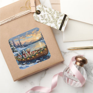 Old English Sheepdog Christmas Boat Holiday Square Sticker