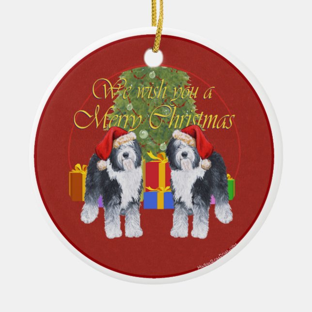 Old English Sheepdog Christmas Ceramic Tree Decoration (Front)