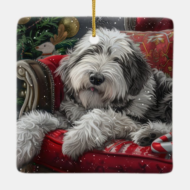 Old English Sheepdog Christmas Festive Ceramic Ornament (Back)