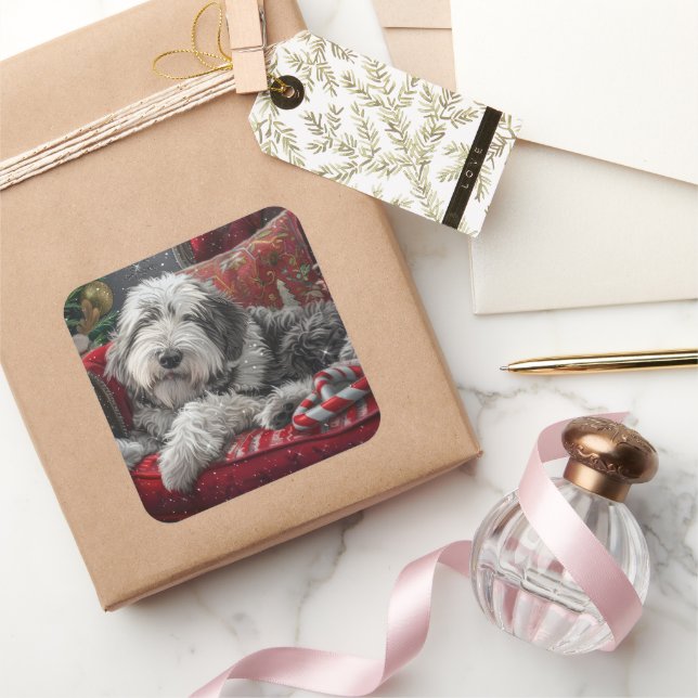 Old English Sheepdog Christmas Festive Square Sticker (Gifting)