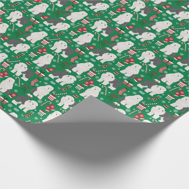 Old English Sheepdog Christmas Holiday Wrapping Paper (Corner)