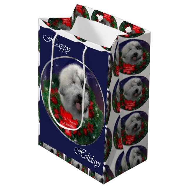 Old English Sheepdog Christmas Medium Gift Bag (Front Angled)