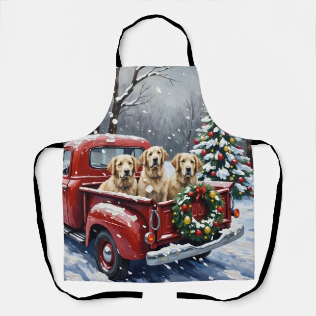Old English Sheepdog Christmas Red Truck Holiday Apron (Front)