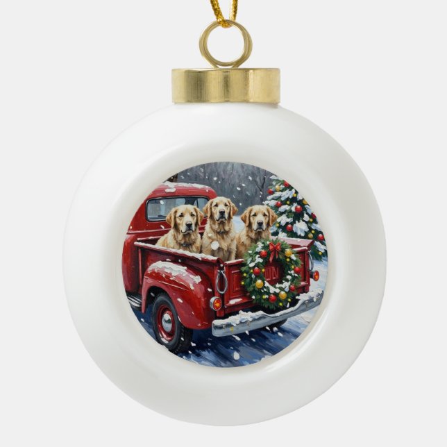 Old English Sheepdog Christmas Red Truck Holiday Ceramic Ball Christmas Ornament (Front)