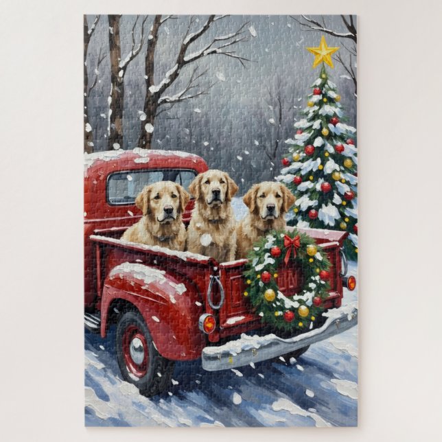 Old English Sheepdog Christmas Red Truck Holiday Jigsaw Puzzle (Vertical)