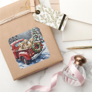 Old English Sheepdog Christmas Red Truck Holiday Square Sticker