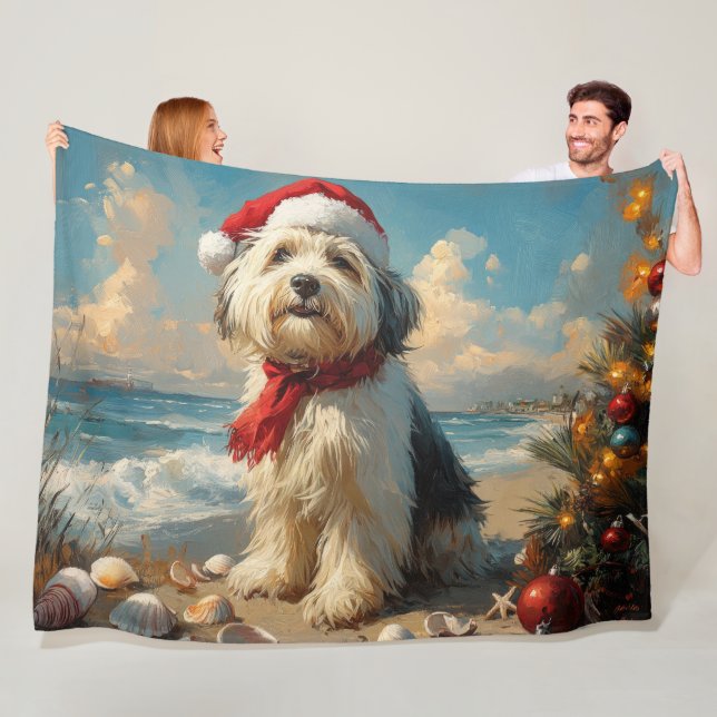 Old English Sheepdog Christmas Vintage Beach Fleece Blanket (In Situ)