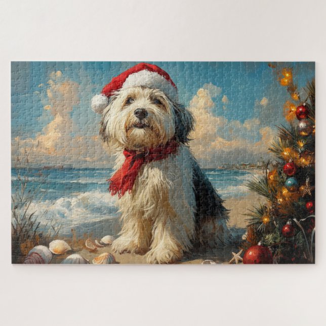 Old English Sheepdog Christmas Vintage Beach Jigsaw Puzzle (Horizontal)