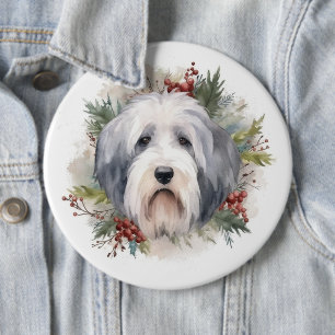 Old English Sheepdog Christmas Wreath Festive Pup 6 Cm Round Badge