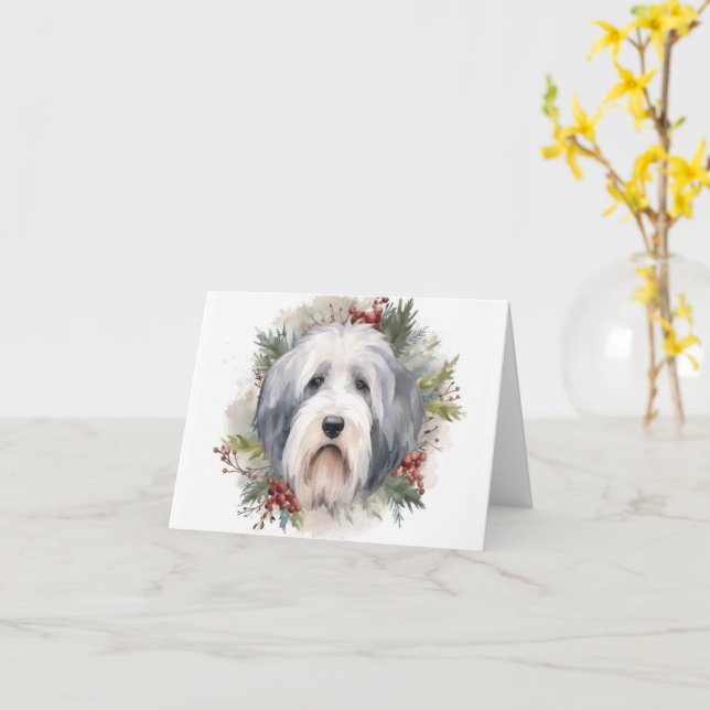 Old English Sheepdog Christmas Wreath Festive Pup  Card (Yellow Flower)