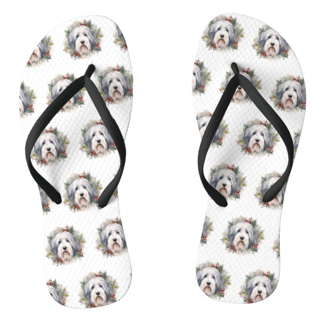 Old English Sheepdog Christmas Wreath Festive Pup  Jandals (Footbed)