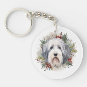 Old English Sheepdog Christmas Wreath Festive Pup  Key Ring